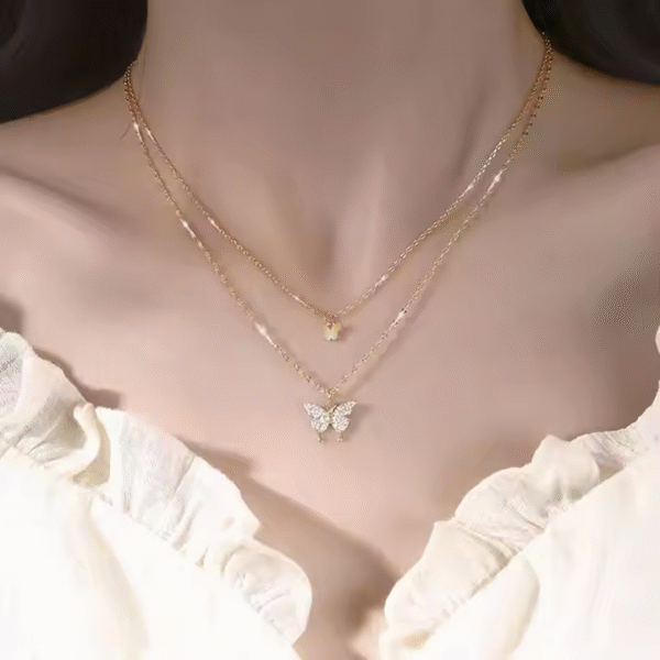 Double Layers Zircon Butterfly Pendant Necklace - Image 3