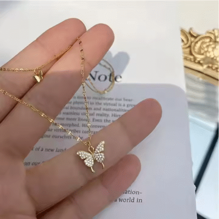 Double Layers Zircon Butterfly Pendant Necklace