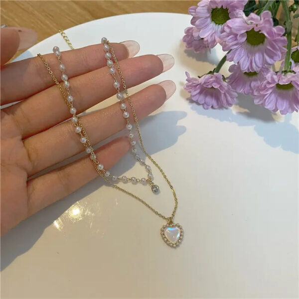 Pearl Crystal Double Layer Love Pendant Necklace - Image 2