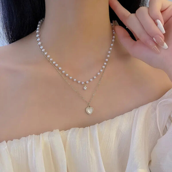 Pearl Crystal Double Layer Love Pendant Necklace - Image 3